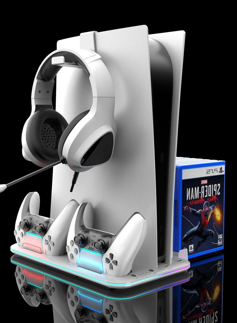 XiuWoo PS5 Stand with Cooling Fan, Dual Controller Charging Dock, Game Card Storage & USB Hub – RGB LED Cooling Station for PS5 / PS5 Slim / PS5 Pro (White) - Image 1