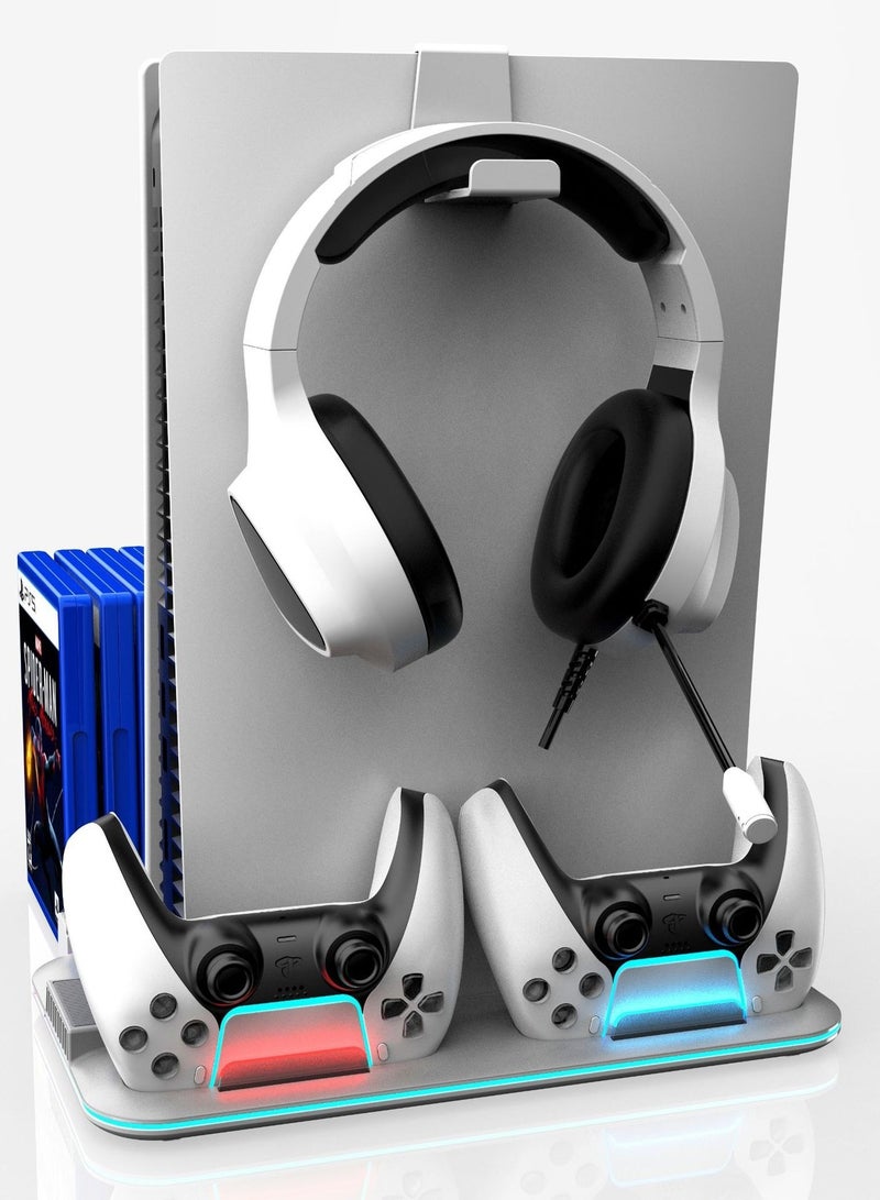 XiuWoo PS5 Stand with Cooling Fan, Dual Controller Charging Dock, Game Card Storage & USB Hub – RGB LED Cooling Station for PS5 / PS5 Slim / PS5 Pro (White) - Image 2
