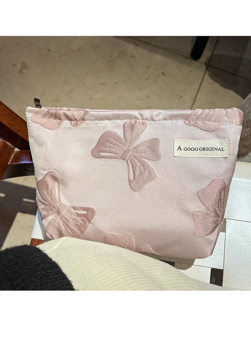 ميسا حقيبة مكياج، حقيبة مستحضرات تجميل كبيرة السعة بسحاب مع نمط فيونكة، حقيبة للعناية بالبشرة، حقيبة تخزين منظم أدوات الزينة باللون الوردي للسفر، للنساء - Image 5