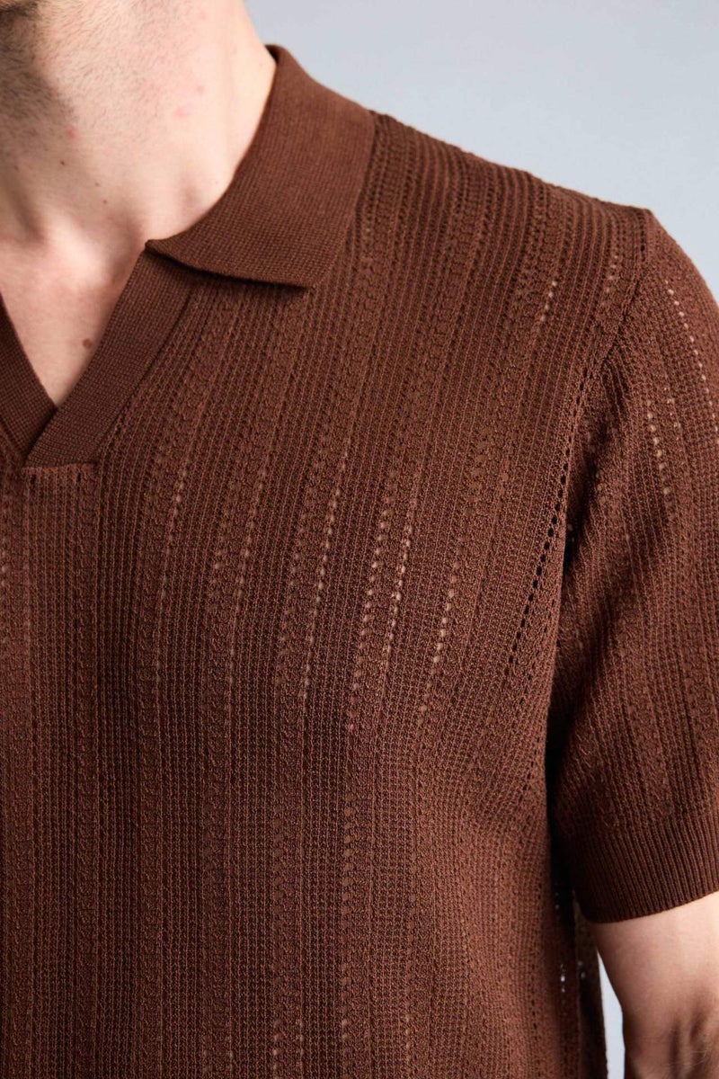 DeFacto Standard Fit Openwork Knit Polo T-Shirt - Image 4