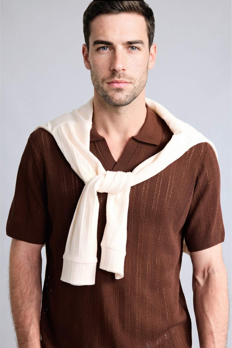 DeFacto Standard Fit Openwork Knit Polo T-Shirt - Image 1