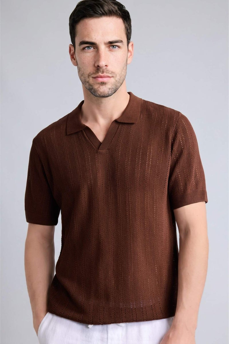 DeFacto Standard Fit Openwork Knit Polo T-Shirt - Image 3