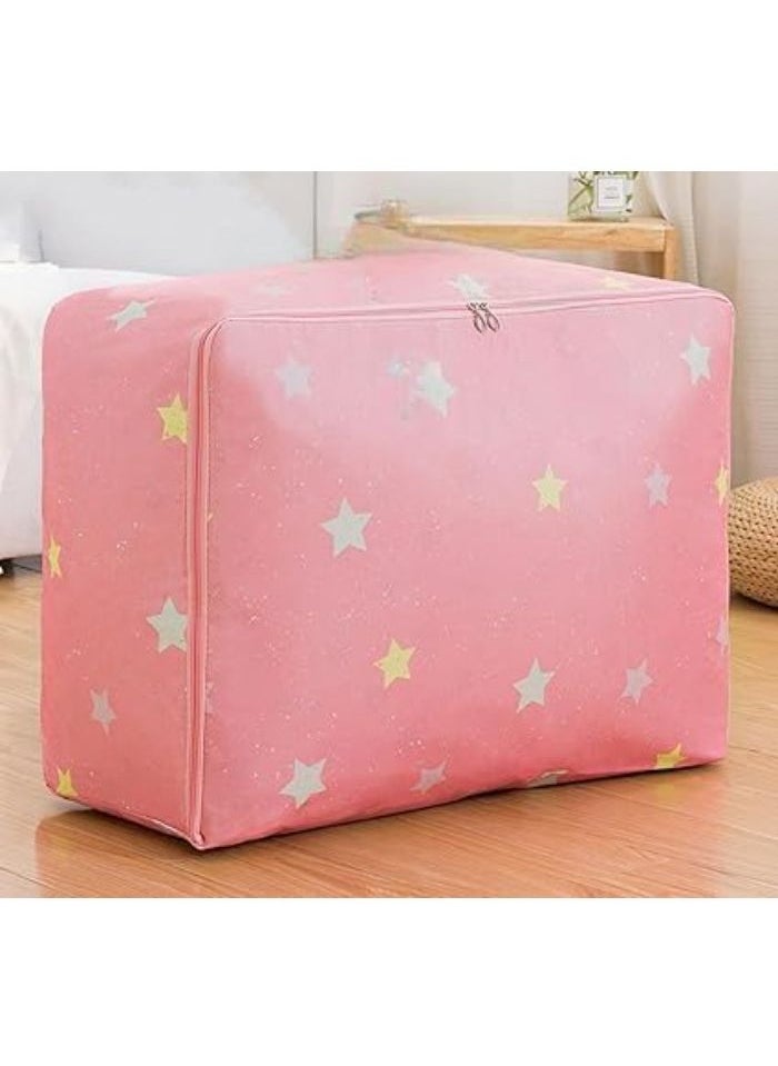 Generic Large Portable Waterproof Storage Bag with Zippers, Heavy Duty Thick Oxford Fabric Organizer Bag Perfect for Sleeping Bags, Comforters, Blankets and Festive Decorations (68x49x23cm) (Stars (Pink))  - Image 1