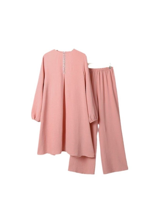 Muslim Women's Wear Spring And Autumn New Solid Color Round Neck Sequin Long Sleeve Shirt And Pants Fashion Casual Set - Image 5