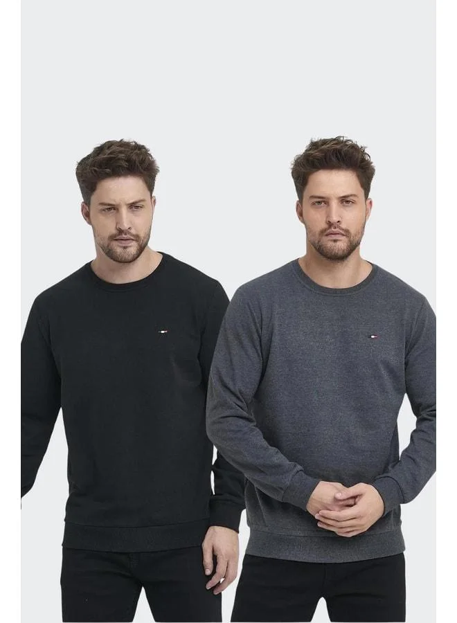 Men's Black-Anthracite Crewneck Sweatshirt with Embroidery Details, Regular Fit, 2-Piece