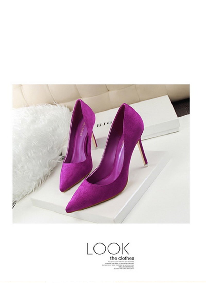 BIGTREE 9cm Korean Version Of Fashion Simple Slim Heel High Heel Shallow Mouth Pointed Suede Slim Heels Purple  - Image 1
