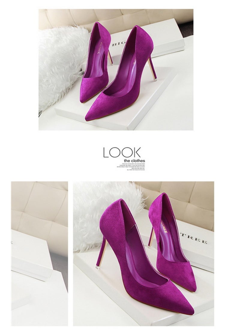 BIGTREE 9cm Korean Version Of Fashion Simple Slim Heel High Heel Shallow Mouth Pointed Suede Slim Heels Purple  - Image 2