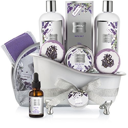 LOVERY Bath Gift Basket Set for Women: Relaxing at Home Spa Kit Scented - Lavender and Jasmine with Large Bath Bombs, Salts, Shower Gel, Body Butter Lotion, Bath Oil, Bubble Bath, Loofah & More - Image 1