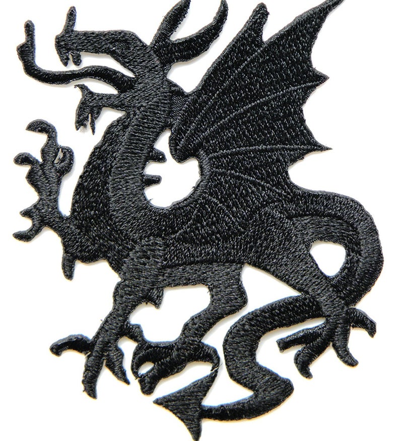 HHO CARTOON PATCH HHO Black Flying Dragon Fire Fantasy Lucky Animal Rider Biker Tatoo Kid Patch Embroidered DIY Patches, Cute Applique Sew Iron on Kids Craft Patch for Bags Jackets Jeans Clothes - Image 1