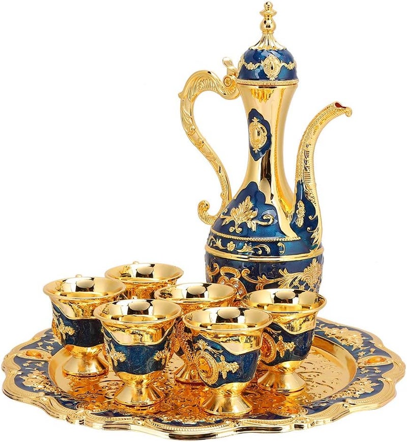 Drinking Cups Metal Wine Glass Jug Set European Style Wine Glass Set Table Decoration Home Crafts Wedding Gift(Blue) - Image 1