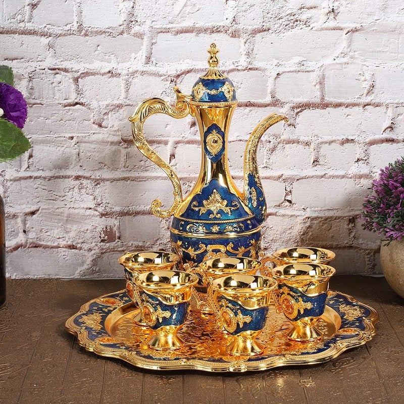 Drinking Cups Metal Wine Glass Jug Set European Style Wine Glass Set Table Decoration Home Crafts Wedding Gift(Blue) - Image 2