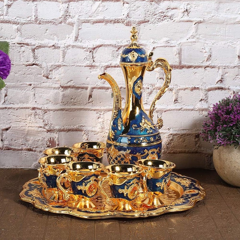 Drinking Cups Metal Wine Glass Jug Set European Style Wine Glass Set Table Decoration Home Crafts Wedding Gift(Blue) - Image 3