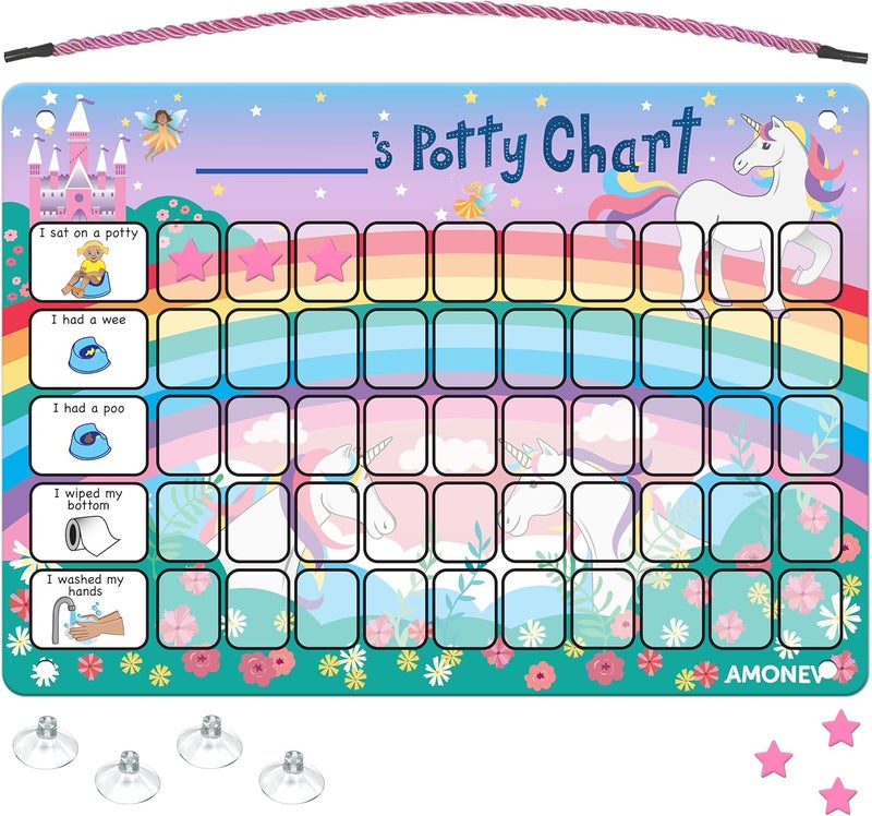 Amonev Children's Magnetic Potty Training Reward Chart. Magnetic Sticker Chart. Reusable Wall Chart for Toilet Training. Suction cups for tiles or glass (Unicorn) - Image 1