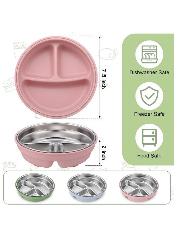 نوجو أطباق شفط للأطفال من الفولاذ المقاوم للصدأ من نوجو، 3 قطع، مع غلاف سيليكون قابل للإزالة، وعاء معدني 2 في 1 للأطفال الصغار مقسم للأطفال الذين يتناولون الطعام بشكل انتقائي، لوازم تغذية الأطفال أثناء الفطام، آمنة للاستخدام في غسالة الأطباق (أزرق، وردي، أخضر) - Image 4