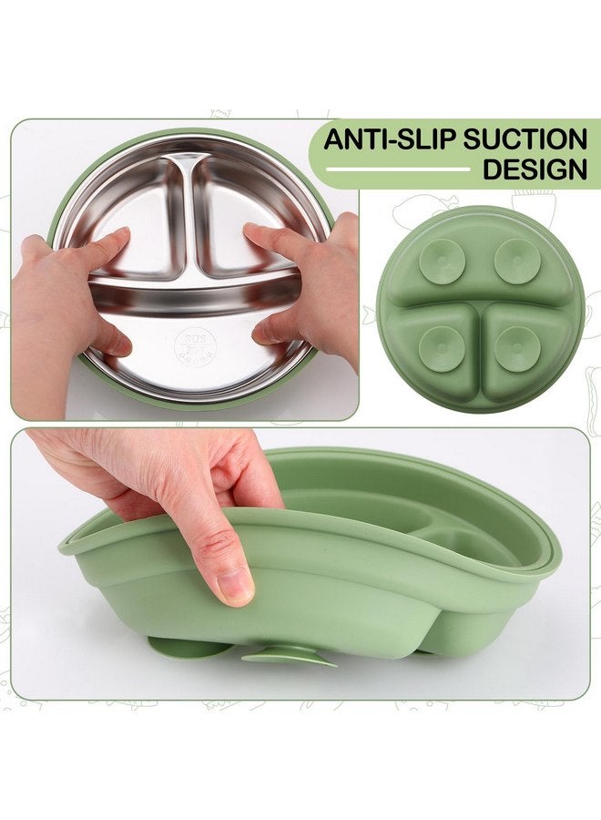 نوجو أطباق شفط للأطفال من الفولاذ المقاوم للصدأ من نوجو، 3 قطع، مع غلاف سيليكون قابل للإزالة، وعاء معدني 2 في 1 للأطفال الصغار مقسم للأطفال الذين يتناولون الطعام بشكل انتقائي، لوازم تغذية الأطفال أثناء الفطام، آمنة للاستخدام في غسالة الأطباق (أزرق، وردي، أخضر) - Image 5