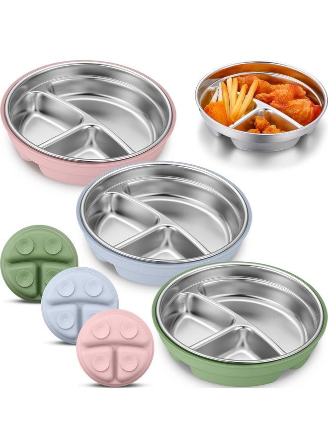 نوجو أطباق شفط للأطفال من الفولاذ المقاوم للصدأ من نوجو، 3 قطع، مع غلاف سيليكون قابل للإزالة، وعاء معدني 2 في 1 للأطفال الصغار مقسم للأطفال الذين يتناولون الطعام بشكل انتقائي، لوازم تغذية الأطفال أثناء الفطام، آمنة للاستخدام في غسالة الأطباق (أزرق، وردي، أخضر) - Image 1