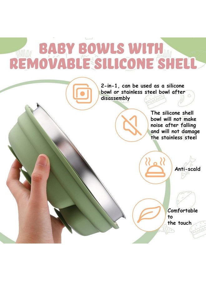 نوجو أطباق شفط للأطفال من الفولاذ المقاوم للصدأ من نوجو، 3 قطع، مع غلاف سيليكون قابل للإزالة، وعاء معدني 2 في 1 للأطفال الصغار مقسم للأطفال الذين يتناولون الطعام بشكل انتقائي، لوازم تغذية الأطفال أثناء الفطام، آمنة للاستخدام في غسالة الأطباق (أزرق، وردي، أخضر) - Image 2