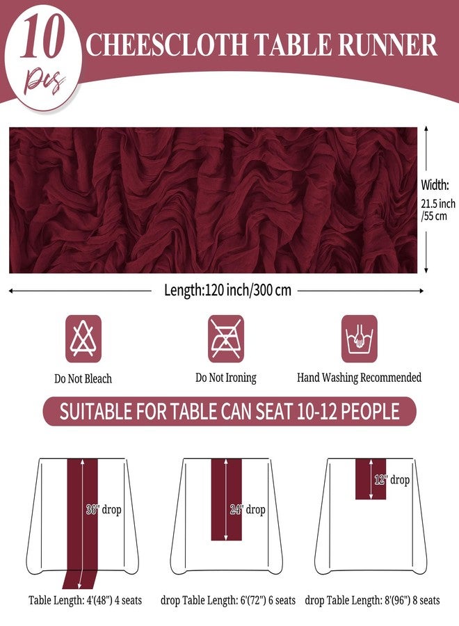 Tomeurperf 10 Pack Burgundy Cheesecloth Table Runner 20 x 120 Inch Rustic Gauze Boho Cheese Cloth Table Runners 10Ft for Wedding Party Bridal Shower Decoration - Image 2