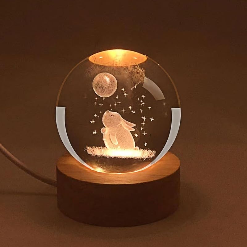 DS ENTERPRISE Stunning 3D Galaxy Rabbit Design, Crystal Ball Night Light, Creative Engraved LED Glass Ball, Decorative Table Lamp with USB & Wooden Base - Elegant Home-Office Décor, Desktop, & Best Gift - Image 2