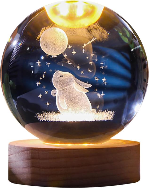 DS ENTERPRISE Stunning 3D Galaxy Rabbit Design, Crystal Ball Night Light, Creative Engraved LED Glass Ball, Decorative Table Lamp with USB & Wooden Base - Elegant Home-Office Décor, Desktop, & Best Gift - Image 1