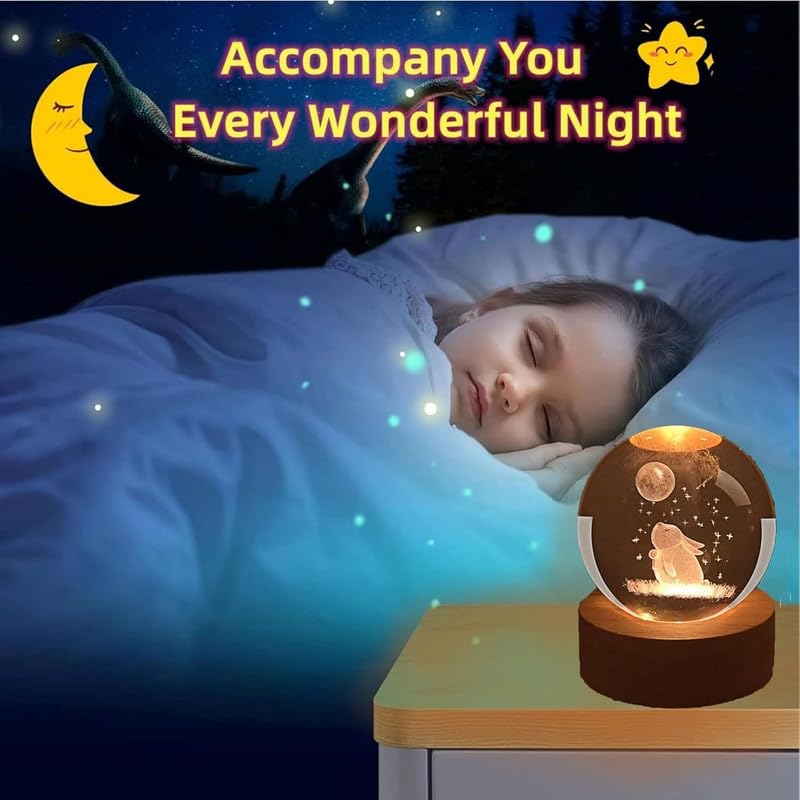 DS ENTERPRISE Stunning 3D Galaxy Rabbit Design, Crystal Ball Night Light, Creative Engraved LED Glass Ball, Decorative Table Lamp with USB & Wooden Base - Elegant Home-Office Décor, Desktop, & Best Gift - Image 3