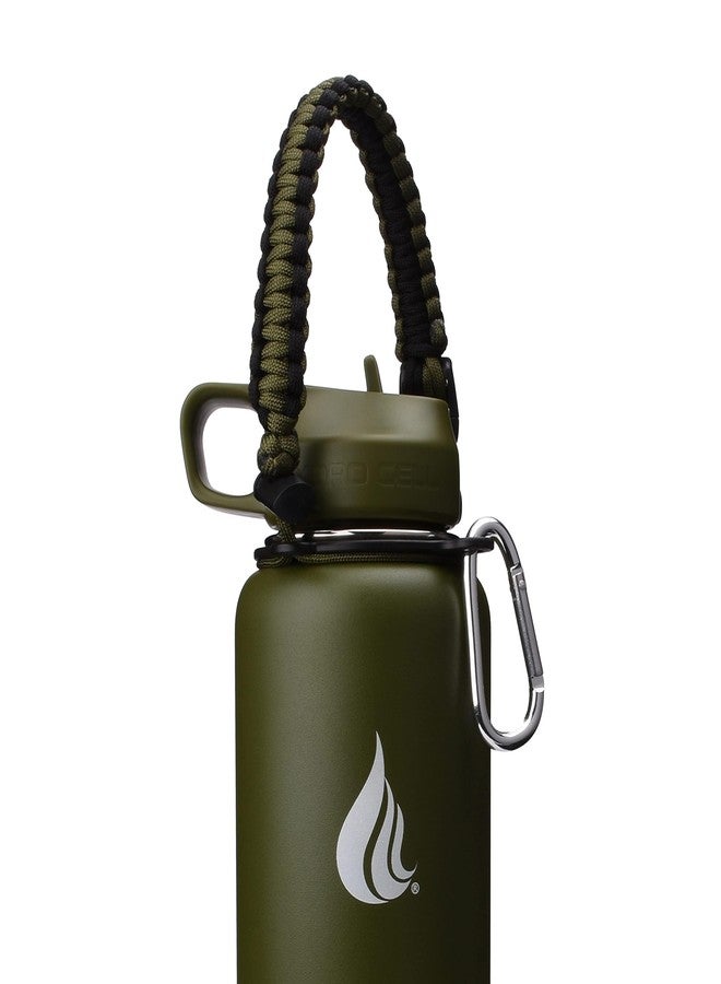HYDRO CELL Paracord Handle for Wide Mouth Water Bottles - Carrier Strap w/Attachment Ring and Carabiner Accessory. Compatible w/ 64oz, 40oz 32oz, 24oz, 18oz, 14oz Insulated Bottles (Army/Black) - Image 1