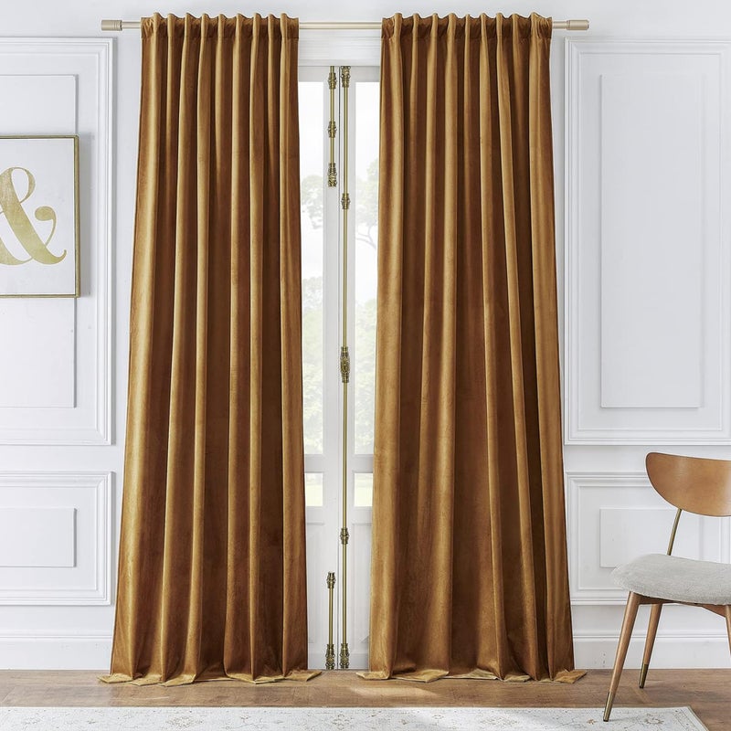 Timeper Gold Brown Pleat Back Tab Velvet Curtains W52 x L84 inches 2 Panels Room Darkening Solid Home Decor Curtains for Bedroom Living Dining Room Thermal Insulated Luxury Super Soft Window Drapes