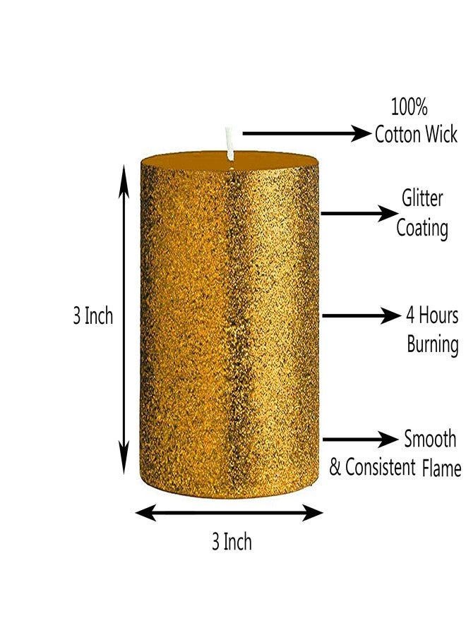 Luces Smokeless Scented Paraffin Wax 3"X3" Golden Glitter Tall Pillar Candle for Decoretion pck2 - Image 2