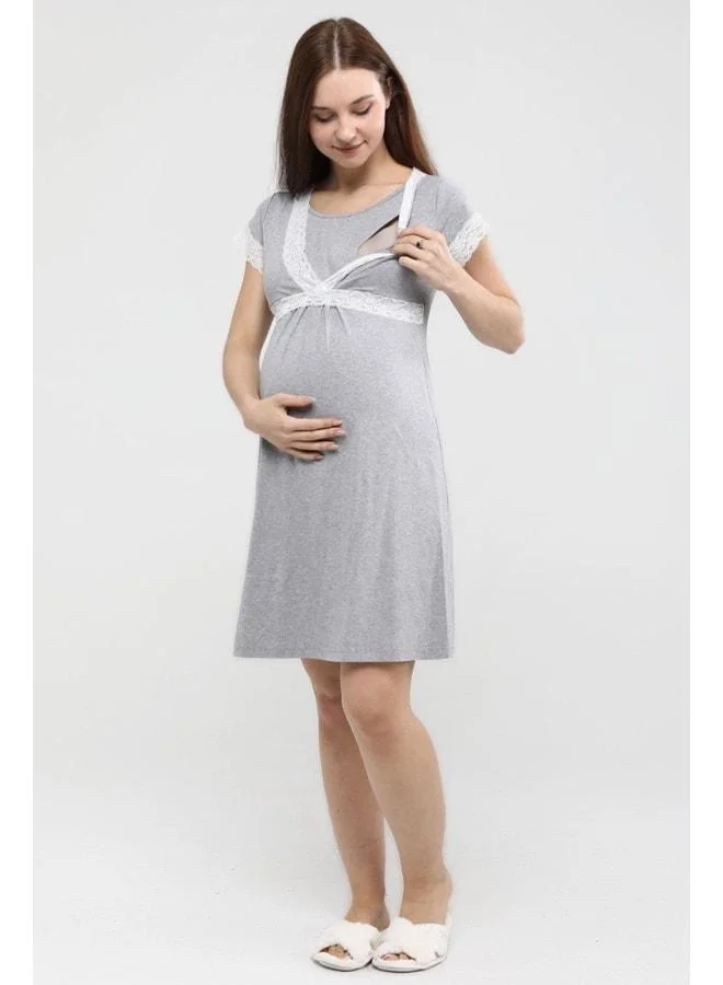 LuvmaBelly Myra9686 Front-Panel Lace Maternity Nightgown - Gray.