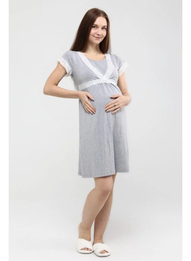 LuvmaBelly Myra9686 Front-Panel Lace Maternity Nightgown - Gray.