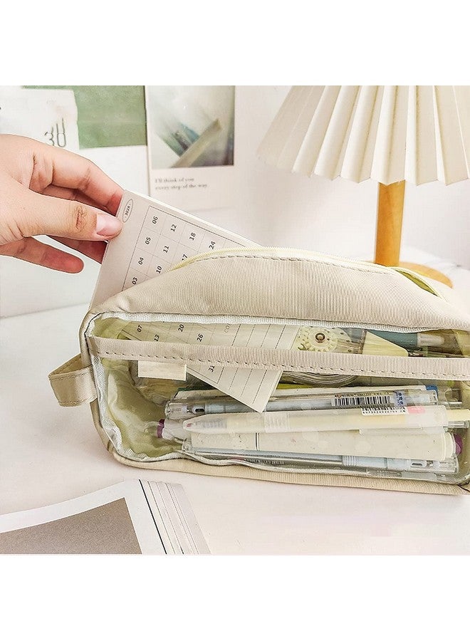 Wolpin Large Capacity Pencil Bag, Transparent Cream Pencil Pouch with Zipper Closure Portable Makeup Pouch, Case Cute Stationery Bag for Students Girls Adults Office with Pockets - Image 4