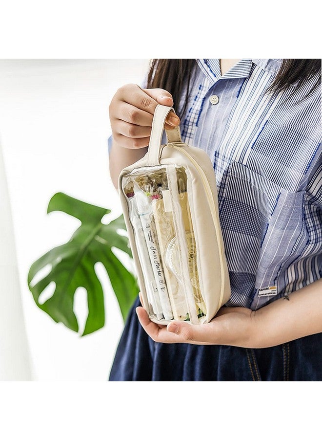 Wolpin Large Capacity Pencil Bag, Transparent Cream Pencil Pouch with Zipper Closure Portable Makeup Pouch, Case Cute Stationery Bag for Students Girls Adults Office with Pockets - Image 3