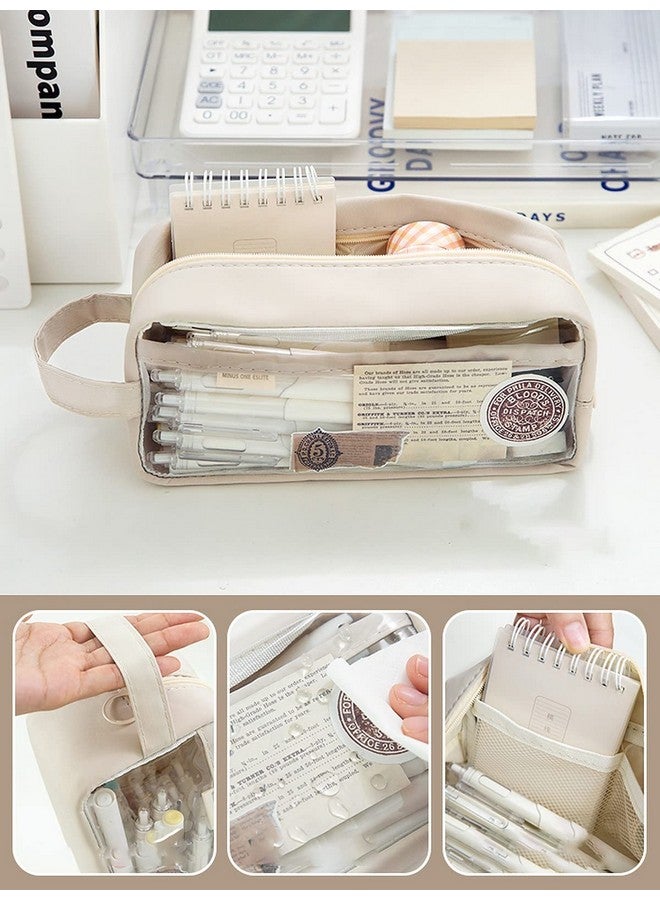 Wolpin Large Capacity Pencil Bag, Transparent Cream Pencil Pouch with Zipper Closure Portable Makeup Pouch, Case Cute Stationery Bag for Students Girls Adults Office with Pockets - Image 5