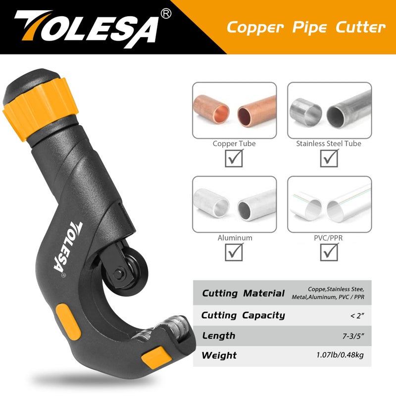TOLESA Pipe Cutter Tool 3/16"-2" OD, Heavy Duty Metal Pipe Cutter With Deburring Tool Pipe Reamer Sharp Copper Tube Cutter Speed Cutting Tubing Cutter For Stainless Steel Aluminum Brass Pipe - Image 3