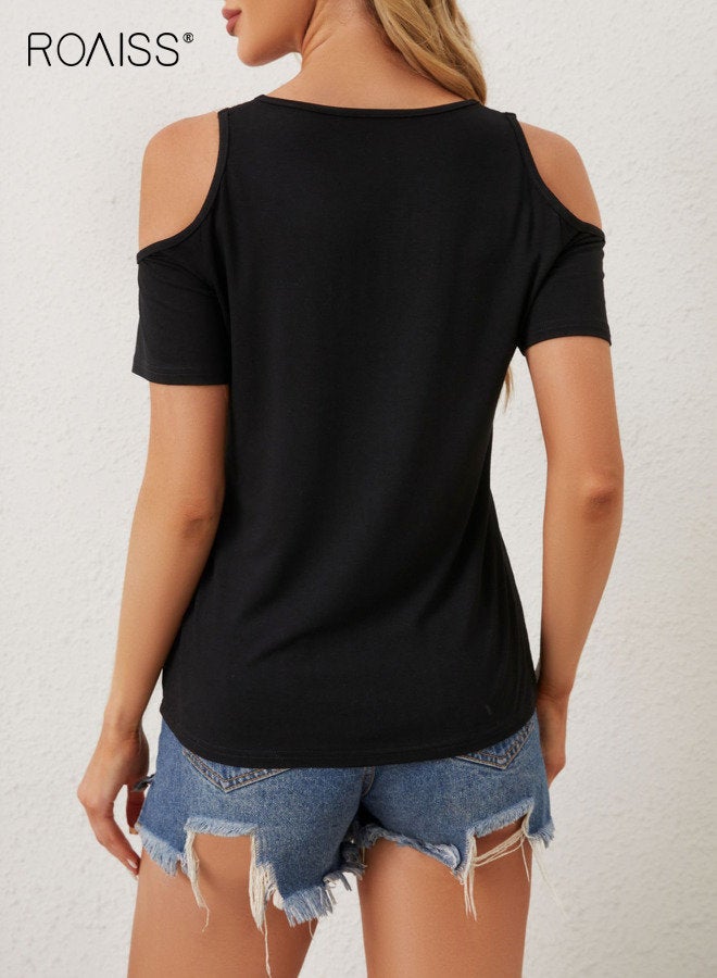 رويس تي شيرت أنيق من الدانتيل بفتحة رقبة على شكل حرف V وأكمام قصيرة وواسعة بلون سادة وقميص أنيق مناسب للعطلات اليومية للسيدات باللون الأسود - Image 3