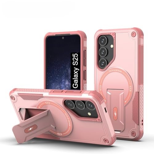 US LITE Back Cover for Samsung Galaxy S25 with Portable Kickstand | Mag-Safe Compatible Magnetic Case | Shockproof Military Grade Protection | Extreme Protection Phone Cover – Pink - Image 1