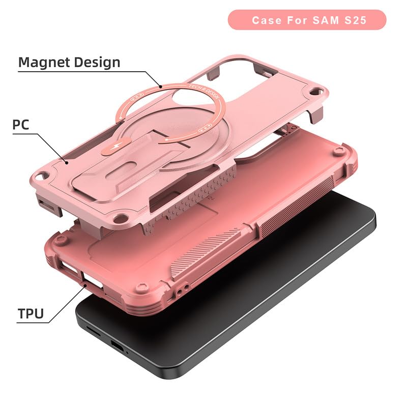 US LITE Back Cover for Samsung Galaxy S25 with Portable Kickstand | Mag-Safe Compatible Magnetic Case | Shockproof Military Grade Protection | Extreme Protection Phone Cover – Pink - Image 4