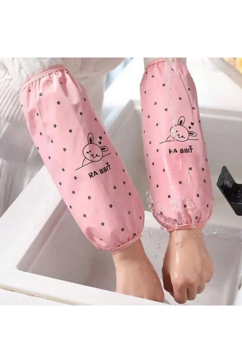 rabbit Waterproof Protective Arm Sleeves – Pair of pink Sleeves with Cute Bunny Design for Protection During Washing and Cleaning - Image 1