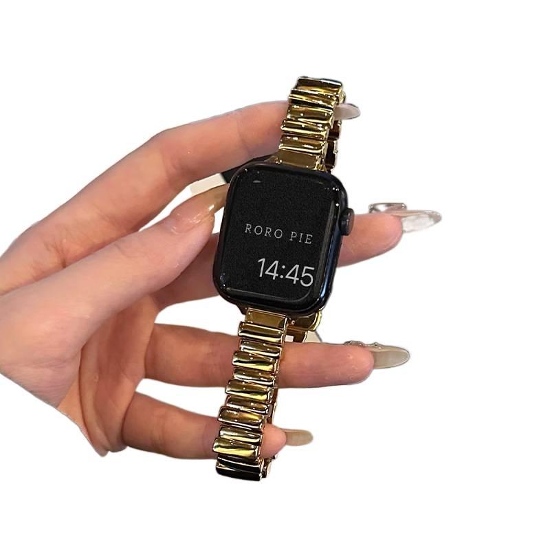 JHJ Gold Stainless Steel Link Smartwatch Band Compatible with Apple Watch with Adjustable Fit Replacement Strap and Dressy Metal Bracelet Style - Image 1