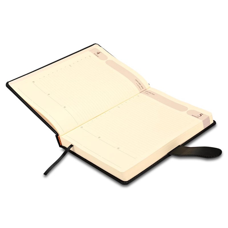 FIS 2026 Agenda Diary, 170x240mm, 1 Side Padded & Sewn Italian PU Cover, Round Corner with Strap Closure, 1 Day a Page Format, English, 70gsm Italian Ivory Paper, Black Cover - FSDI75E26BK - Image 3