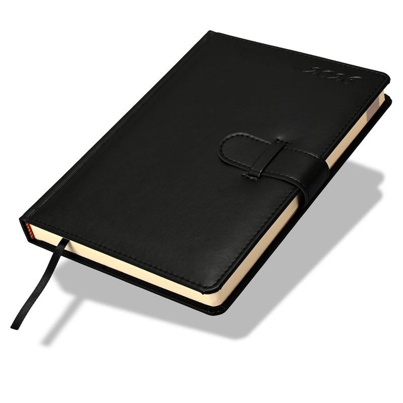 FIS 2026 Agenda Diary, 170x240mm, 1 Side Padded & Sewn Italian PU Cover, Round Corner with Strap Closure, 1 Day a Page Format, English, 70gsm Italian Ivory Paper, Black Cover - FSDI75E26BK - Image 1