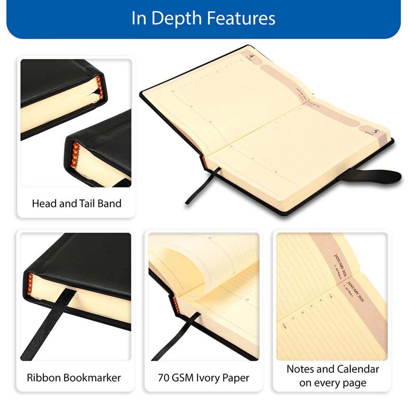 FIS 2026 Agenda Diary, 170x240mm, 1 Side Padded & Sewn Italian PU Cover, Round Corner with Strap Closure, 1 Day a Page Format, English, 70gsm Italian Ivory Paper, Black Cover - FSDI75E26BK - Image 5