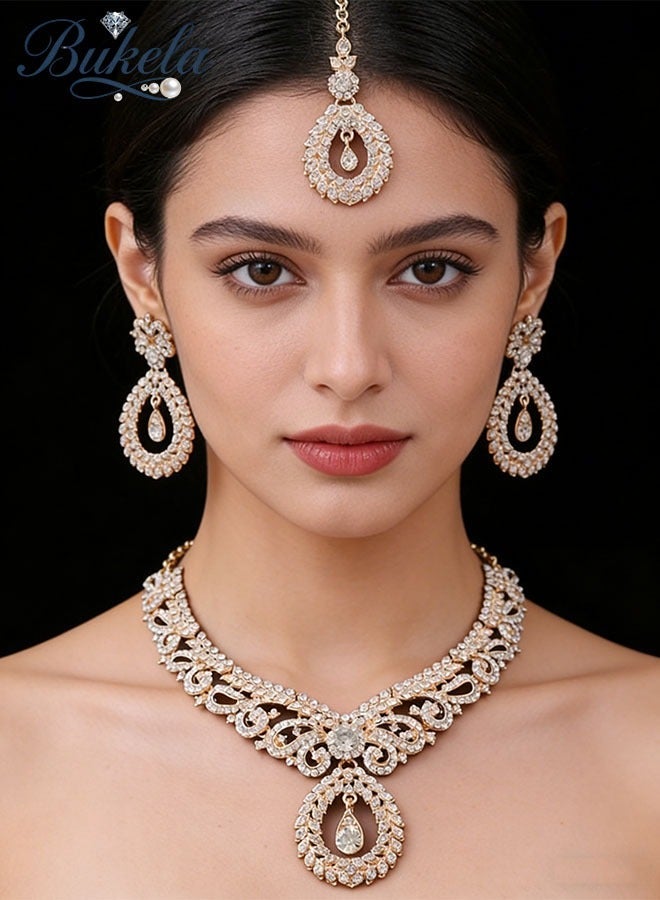 Bukela 3 Piece Rose Gold Bridal Jewelry Set - Vintage Floral Scrollwork Necklace Earrings Maang Tikka for Wedding Party - Image 2
