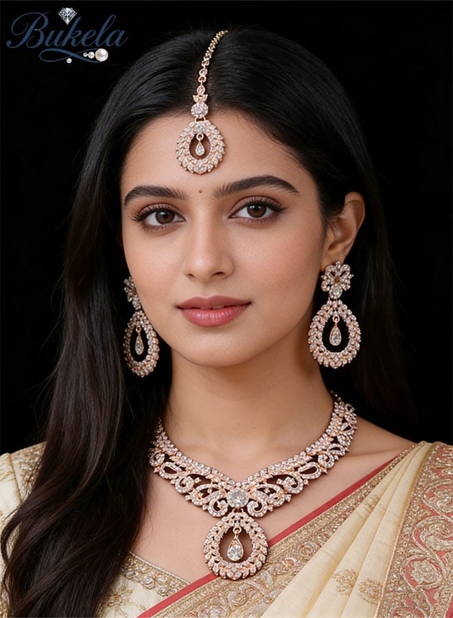 Bukela 3 Piece Rose Gold Bridal Jewelry Set - Vintage Floral Scrollwork Necklace Earrings Maang Tikka for Wedding Party - Image 1
