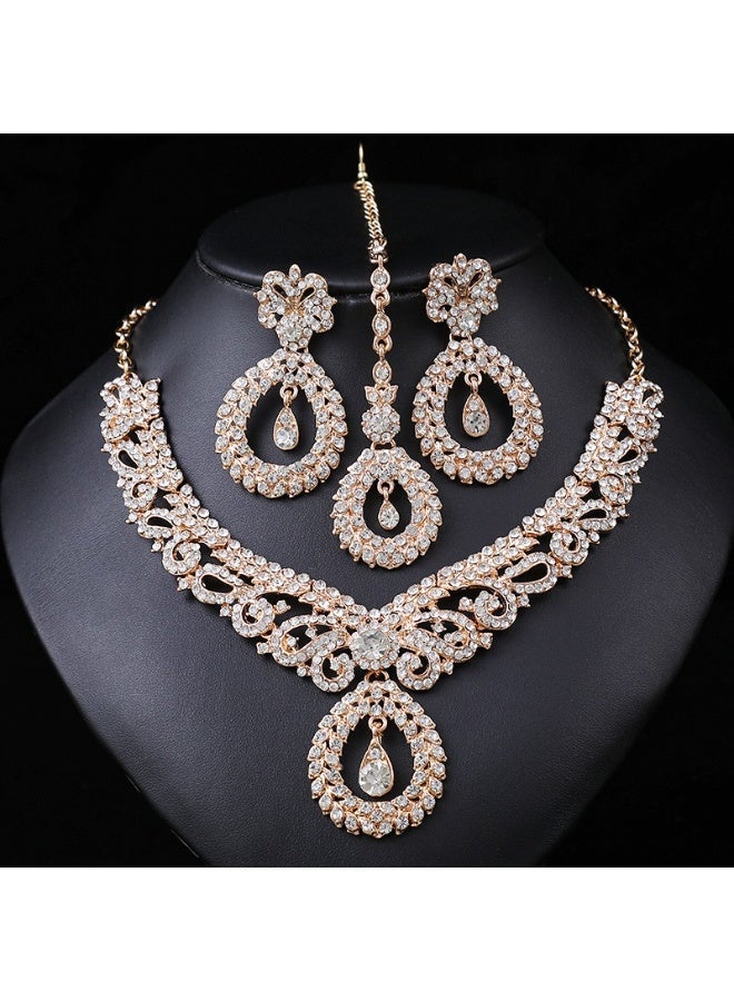 Bukela 3 Piece Rose Gold Bridal Jewelry Set - Vintage Floral Scrollwork Necklace Earrings Maang Tikka for Wedding Party - Image 3