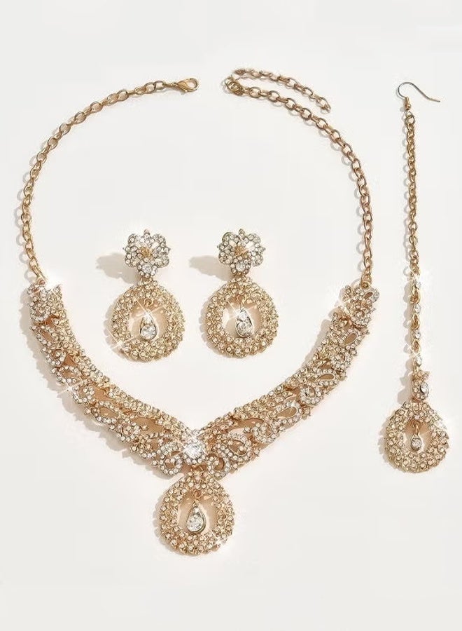 Bukela 3 Piece Rose Gold Bridal Jewelry Set - Vintage Floral Scrollwork Necklace Earrings Maang Tikka for Wedding Party - Image 4