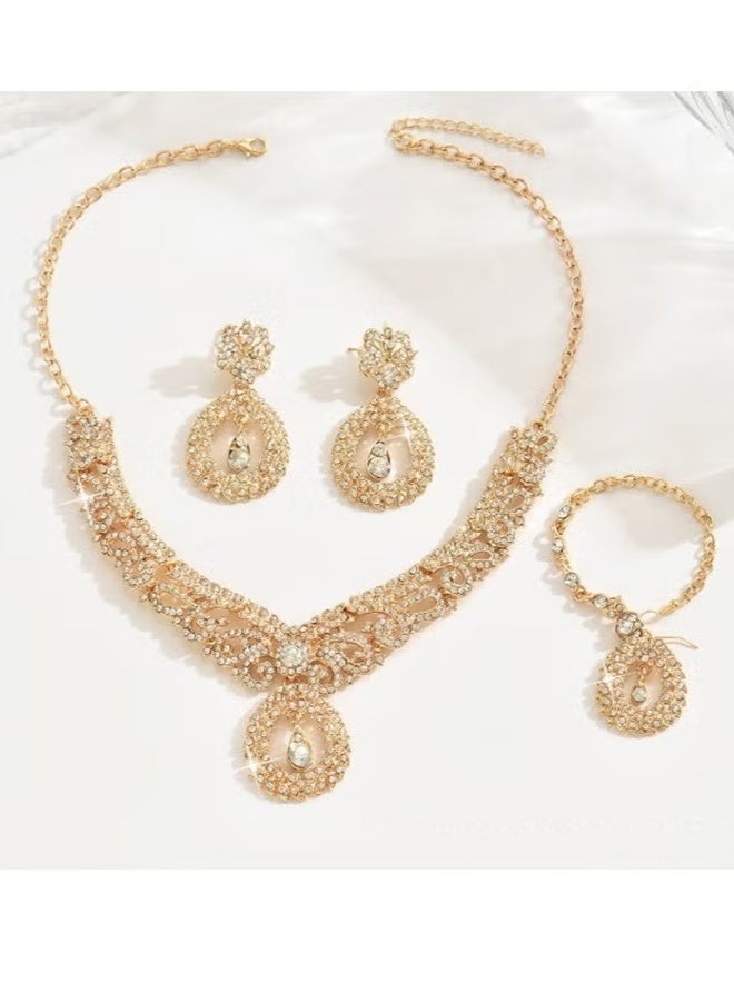 Bukela 3 Piece Rose Gold Bridal Jewelry Set - Vintage Floral Scrollwork Necklace Earrings Maang Tikka for Wedding Party - Image 5
