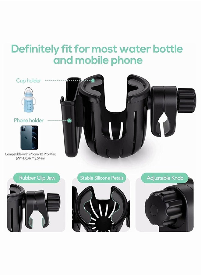 SYOSI Stroller Cup Holder, Bike Cup Holder, Upgraded Version 2 in 1 Cup Holder with Phone Holder, Large Caliber 360 Degrees Rotation Drink Holder, Universal Cup Holder for Stroller Bike Wheelchair Scooter  - Image 2
