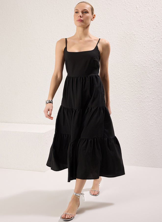 trendyol Black Cotton Blend Maxi Woven Dress with Open Waist Skirt - Image 2
