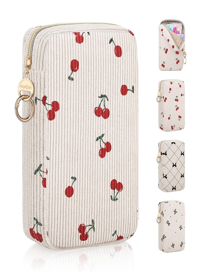 Playexen Corduroy Tampon Holder for Purse, Cute Rectangle Period Bag with Ring Buckle, Portable Tampon Bag Organizer Case for Feminine Products (Cherry-Beige - Image 1